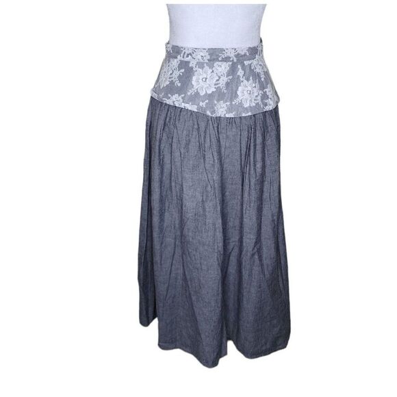 Vintage 80s Pleated Western Maxi Skirt Womens Size Small Grey Lace Yoke - Picture 1 of 6